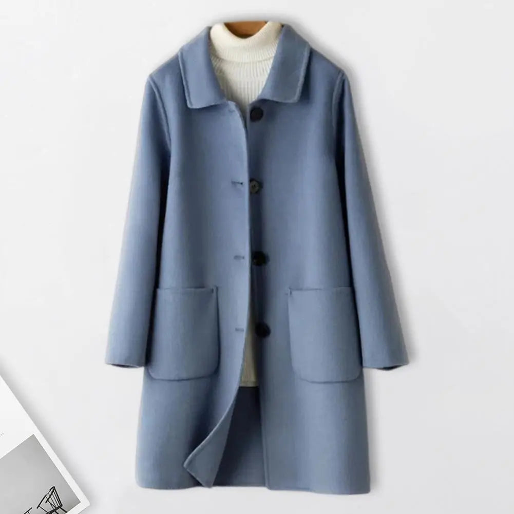 Abrigo de invierno de longitud media para mujer, color liso, cuello vuelto, botonadura sencilla, abrigo formal grueso para uso diario en la calle.