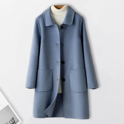 Abrigo de invierno de longitud media para mujer, color liso, cuello vuelto, botonadura sencilla, abrigo formal grueso para uso diario en la calle.