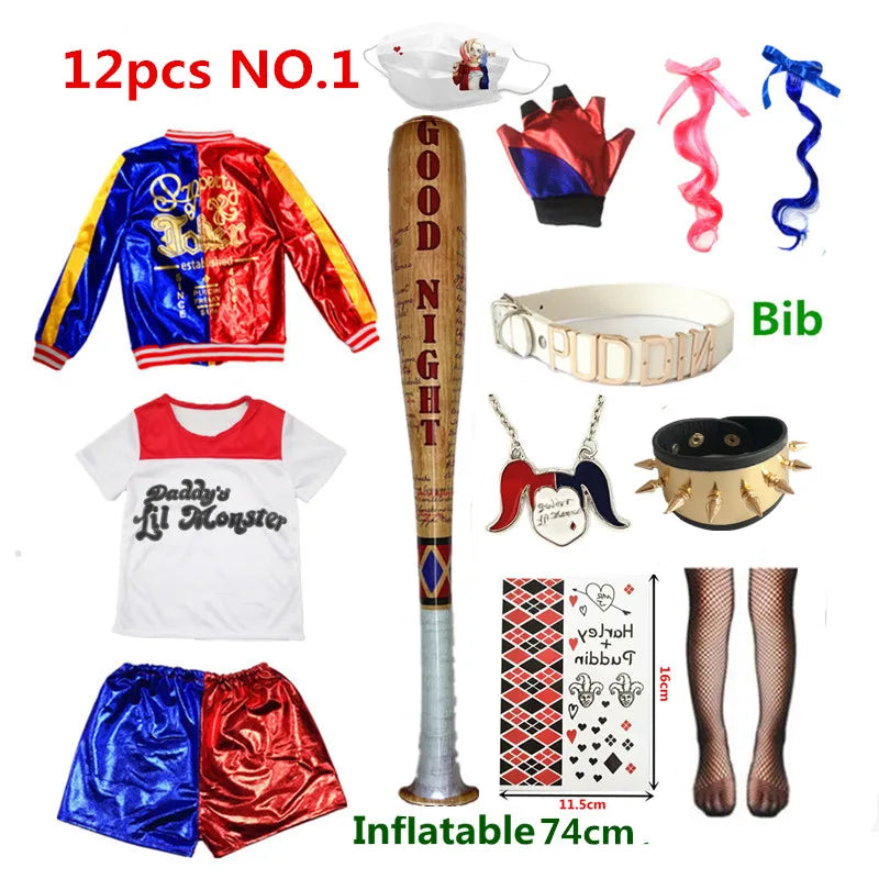 Harley Costumes Cosplay Suicide Harleen Quinzel Kids Girls Quinn Squad T Shirt Joker Jacket Halloween Costume
