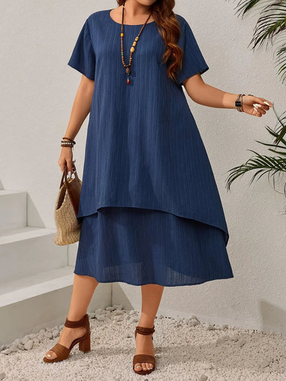 Plus Size Women's Summer Navy Blue Loose Dress - Figure-Flattering Irregular Midi Skirt for Curvy Ladies, Elegant Casual A-Line
