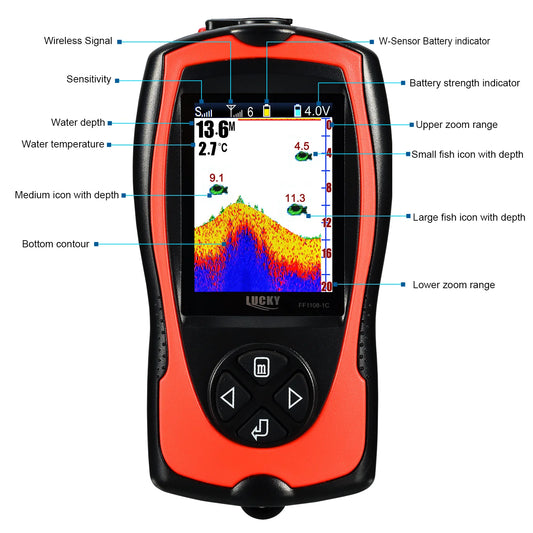 Localizador de peces Lucky Sonar FF1108-1CWLA, sensor inalámbrico recargable, 45 m de profundidad, ecosonda, localizador de peces portátil para pesca