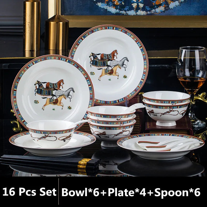 Bone China Tableware Set,Ceramic Luxury Kitchen Dinnerware,Porcelain Bowl,Plate,Spoon Combination,Wedding Gift,Horse Finished