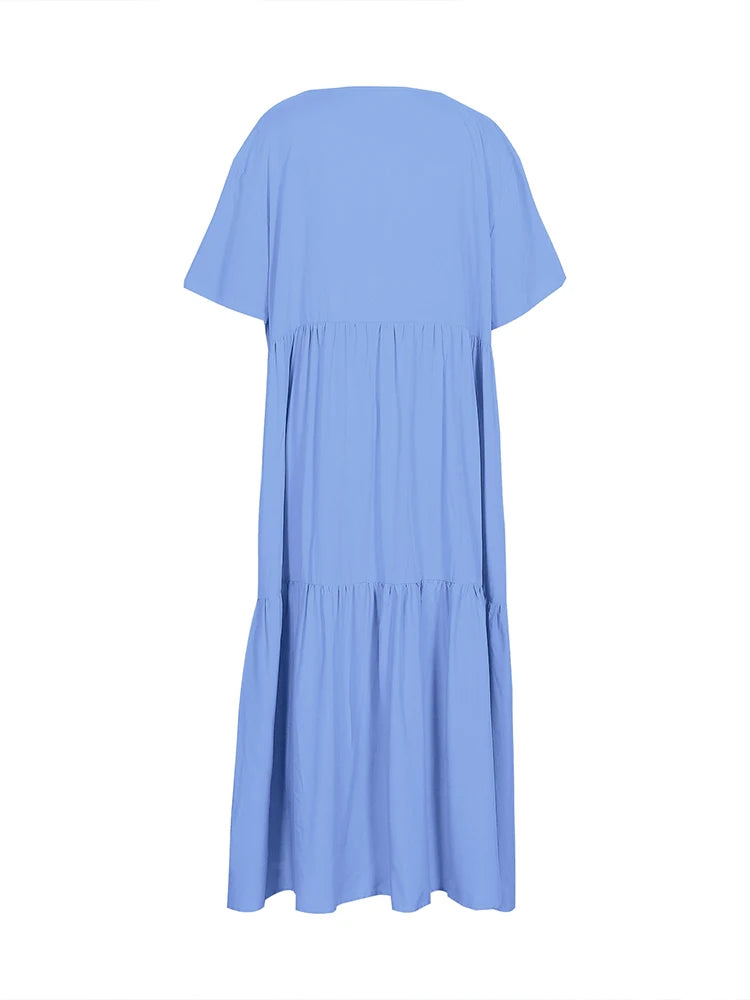 Plus Size 2025 Summer New V-neck Short Sleeve Pleated Solid Colour Loose Casual Midi Dress Basic Hem Pleated