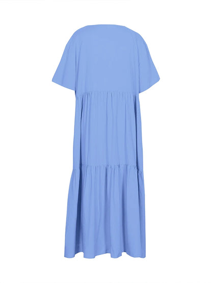 Plus Size 2025 Summer New V-neck Short Sleeve Pleated Solid Colour Loose Casual Midi Dress Basic Hem Pleated