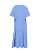 Plus Size 2025 Summer New V-neck Short Sleeve Pleated Solid Colour Loose Casual Midi Dress Basic Hem Pleated