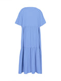 Plus Size 2025 Summer New V-neck Short Sleeve Pleated Solid Colour Loose Casual Midi Dress Basic Hem Pleated