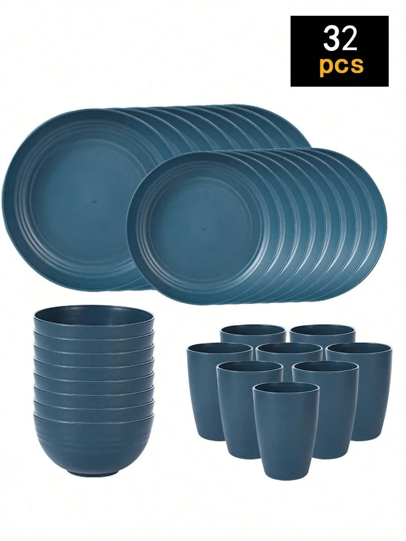 4/16/24pcs Reusable plastic tableware set, including plates, bowls and cups. Suitable for family picnics and school supplies