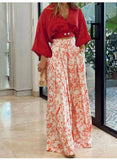 V-neck Long Sleeve Shirt And Blouses Solid Crop Top Straight Print Wide Leg Long Pant Suits 2-pieces Casual Autumn Women Sets