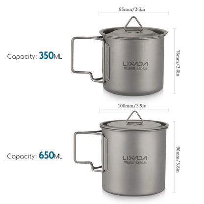 Taza de agua ultraligera de titanio Lixada con asa plegable, portátil para exteriores, camping, picnic, 300 ml/350 ml/550 ml/650 ml