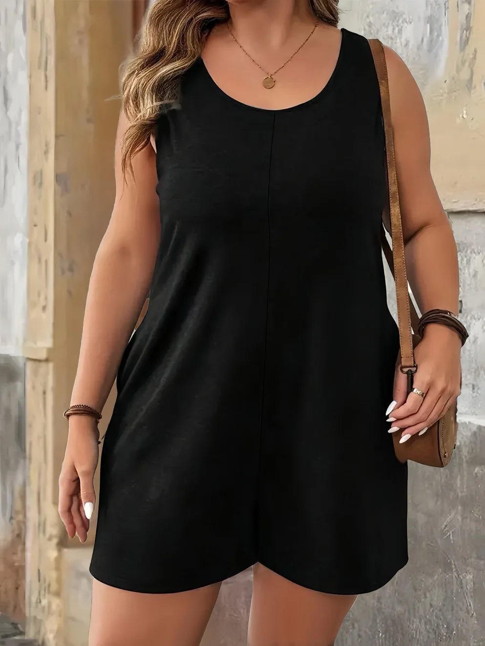 Plus Size Solid Vest Romper Round Neck Jumpsuit With Pockets Elegant Casual Summer Beach Holidays Black Short Jumpsuit For Women