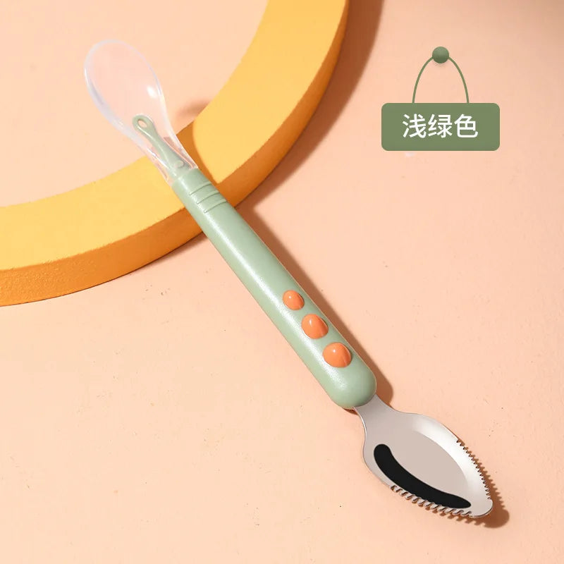 Baby Fruit Scraping Mud Spoon Double Head Silicone Stainless Steel Children Utensil Toddler Infant Food Eating Feeding Tableware