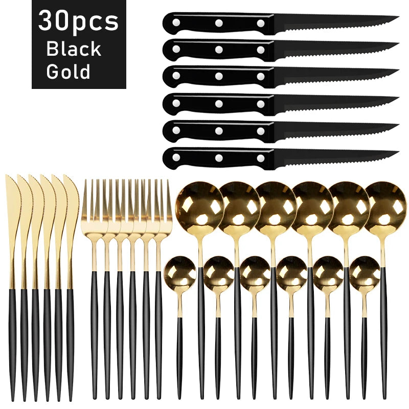 30pcs Black Dinnerware Set Stainless Steel Steak Knife Fork Coffee Spoon Teaspoon Flatware Dishwasher Safe Kitchen Tableware Set