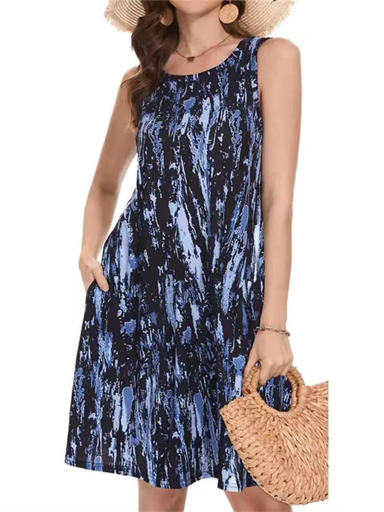 Fashion Elegant Tie Dye Striped 3D Print Dress For Summer 2025 Women's Plus Size Clothing Sundress Loose Sleeveless Vest Dresses