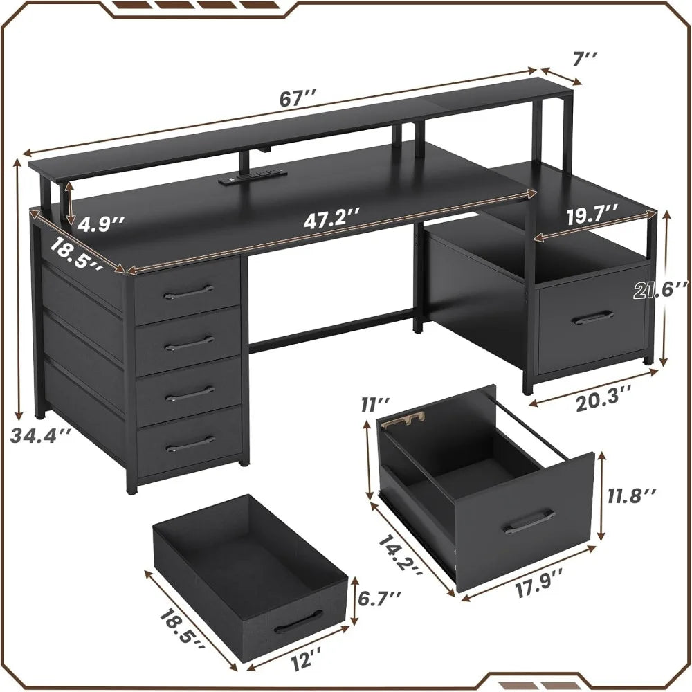 Escritorio de computadora con 5 cajones, toma de corriente y luces LED, escritorio de oficina en casa de 66'' con cajón para archivos, almacenamiento y estante para monitor