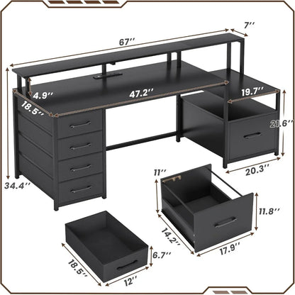 Computer Desk with 5 Drawer, Power Outlet &amp; Led Lights, 66'' Home Office Desk with File Drawer, Storage, Monitor Shelf