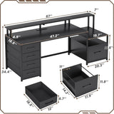 Escritorio de computadora con 5 cajones, toma de corriente y luces LED, escritorio de oficina en casa de 66'' con cajón para archivos, almacenamiento y estante para monitor