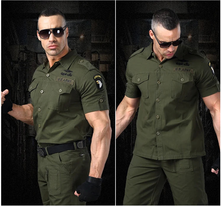 Short Sleeved Shirts Men Tactical T-shirt Spring Summer Workwear Cotton Vintage Shirt  Army Embroidery Pocket Cargo Tees