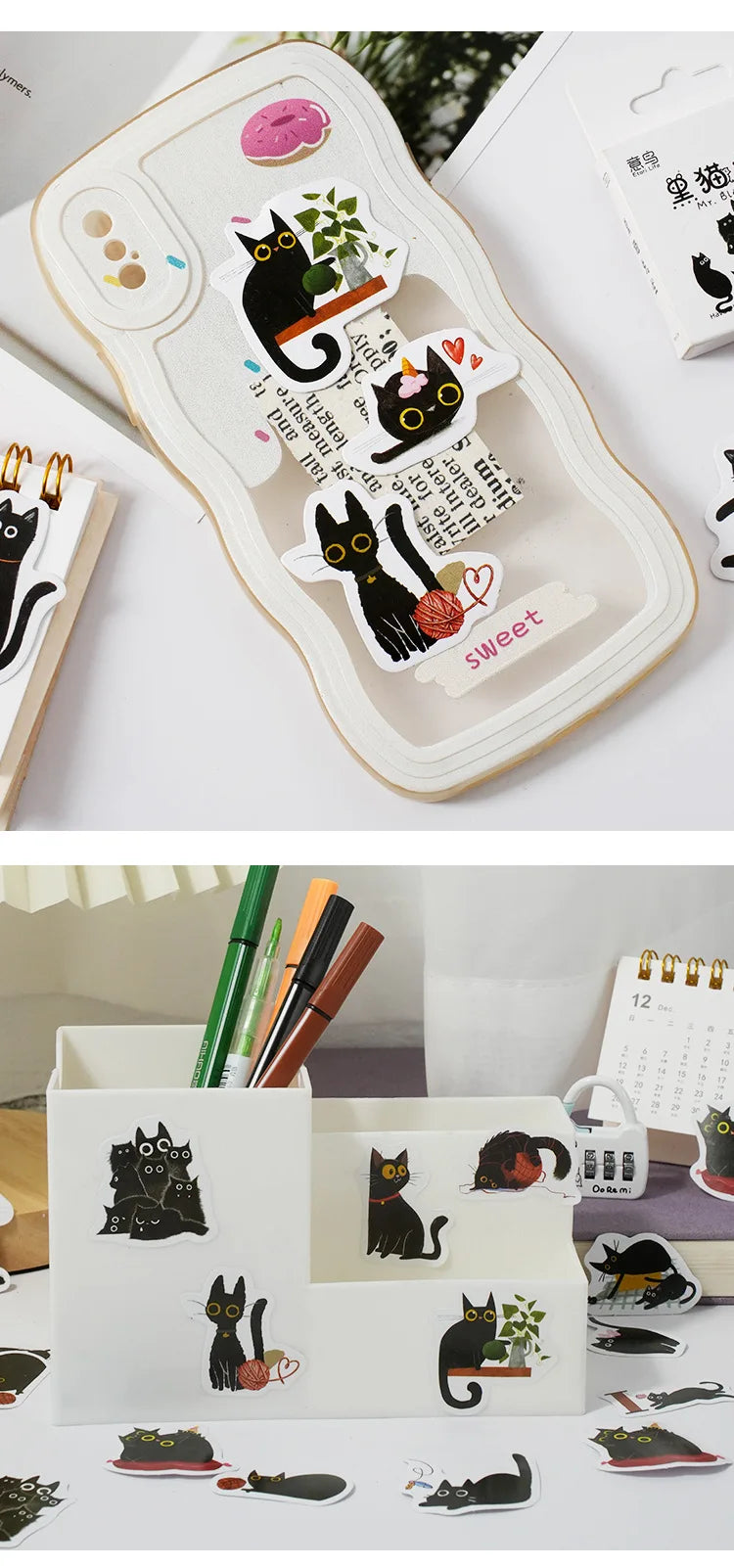 Mr. Paper 46pcs/Box Kawaii Black Cat Stickers Items Decoration DIY Handbook Stickers Boxed Cute Stickers Korean Stationery