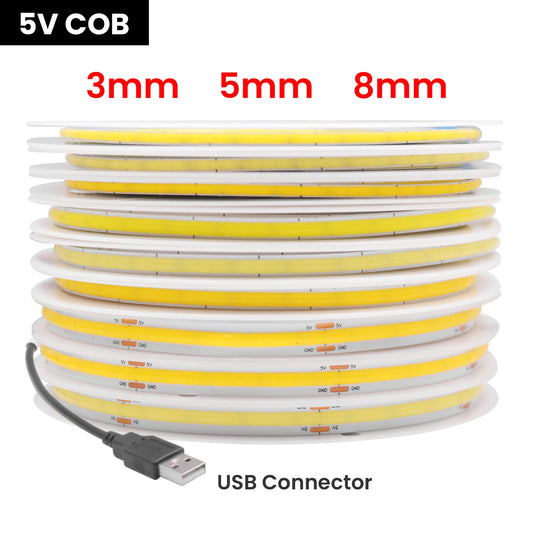 Tira cob usb dc 5v 3mm 5mm 8mm branco/rosa/vermelho/branco/amarelo/amarelo/azul gelo/verde fita flexível corda decoração de casa luz de fundo de tv