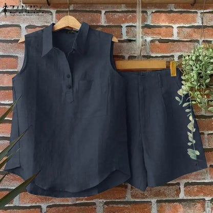2024 ZANZEA Summer Matching Sets Fashion Suit 2PCS Tracksuits Women Sleeveless Tanks Tops and Shorts Elegant Solid Short Sets