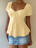 2026 Women Y2k Summer Tops V-Neck Drawstring Sexy Lace Up Short Sleeve Solid Color Shirts Female Elegant Casual Fashion Blouses