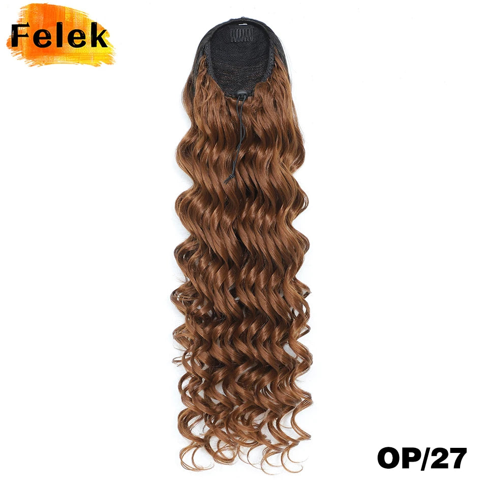 Aplique rabo de cavalo ondulado longo 60 cm ajuste fácil com cordão drawstring