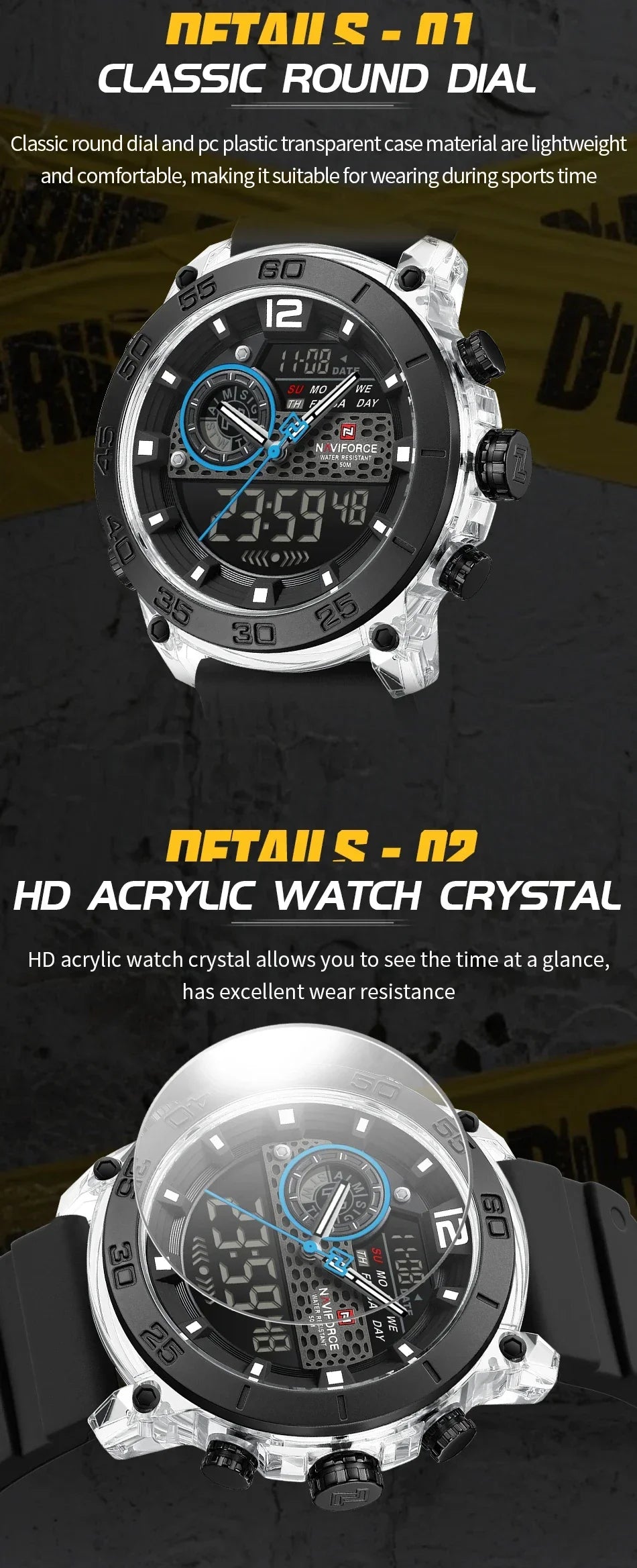 NAVIFORCE NF6104 Men's Lightweight Sports Wrist Watch Dual Display Time Night Light Watches Boy's Quartz Stopwatch