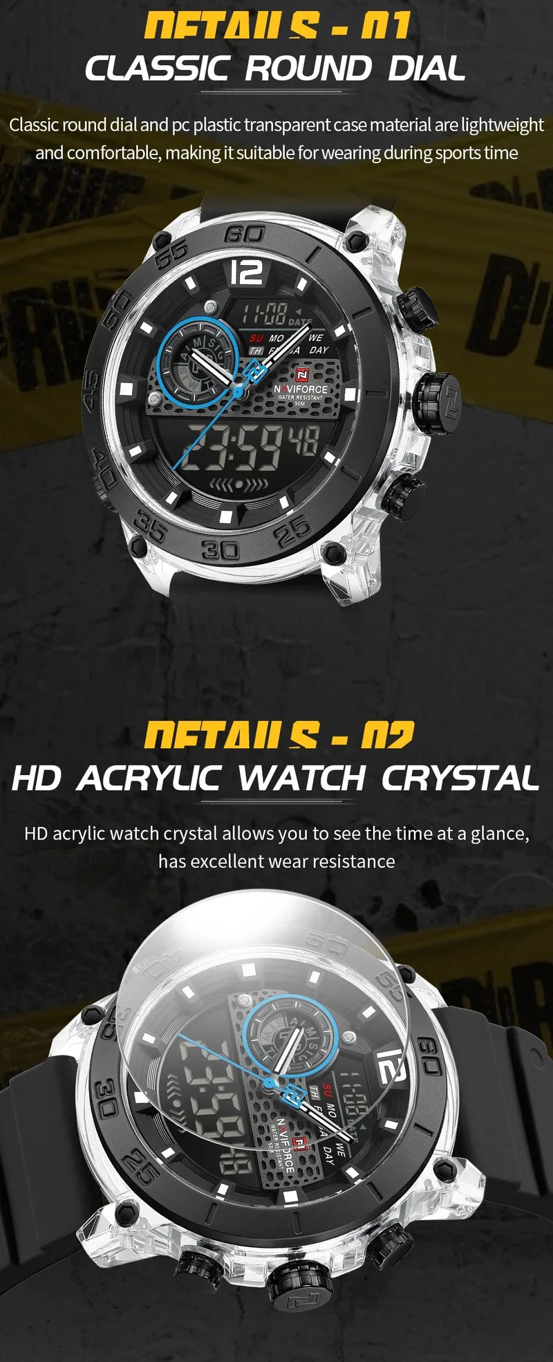 NAVIFORCE NF6104  Men's Lightweight Sports Wrist Watch Dual Display Time Night Light Watches Boy's Quartz  Stopwatch