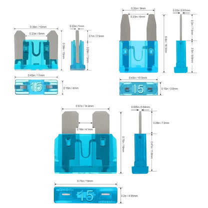 Kit surtido de 180 fusibles para coche: 60 minifusibles de cuchilla, 60 fusibles estándar, 60 microfusibles y extractor de fusibles.