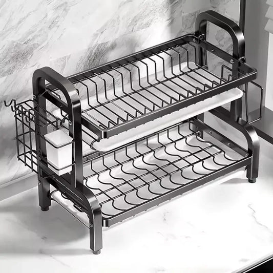 25NUEVO Escurreplatos compacto de 2 niveles para cocina, juego de escurridor grande a prueba de óxido con soporte para utensilios