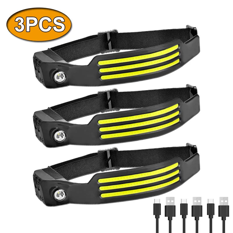 Linterna frontal de inducción LED recargable por USB, batería incorporada, 5 modos de iluminación, para acampar al aire libre y pescar.