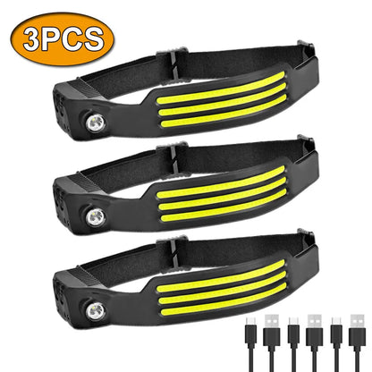 Linterna frontal de inducción LED recargable por USB, batería incorporada, 5 modos de iluminación, para acampar al aire libre y pescar.