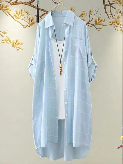 Blusa informal de talla grande con estampado a cuadros para mujer, blusa holgada de otoño a la moda con cuello vuelto, camisa de manga larga de invierno con botonadura sencilla