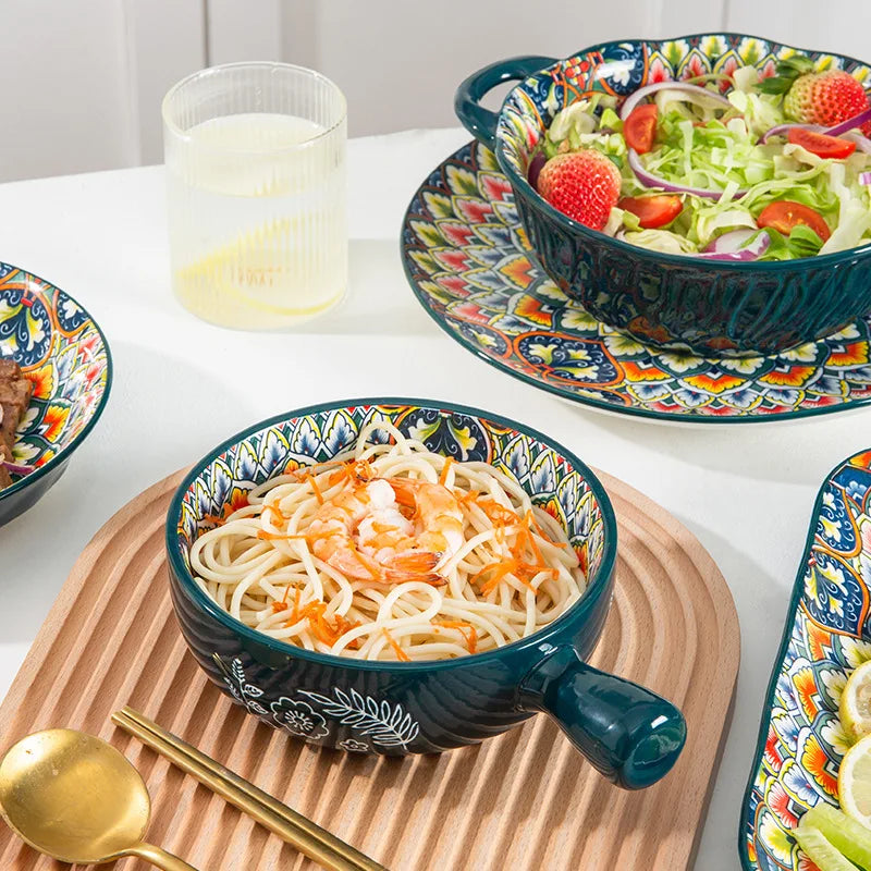 1Pcs Bohemia Retro Ceramic Dinner Plates Sets Food Plate Household Tableware Set Breakfast Plates Salad Soup Bowls Dinnerware