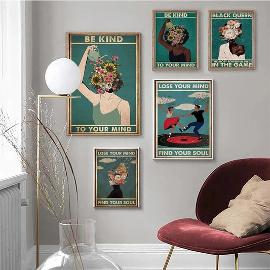 Vintage Pot Head Weed Girl Mental Health Awareness Poster Be Kind To Your Mind Wall Art Prints Canvas Painting Home Room Decor