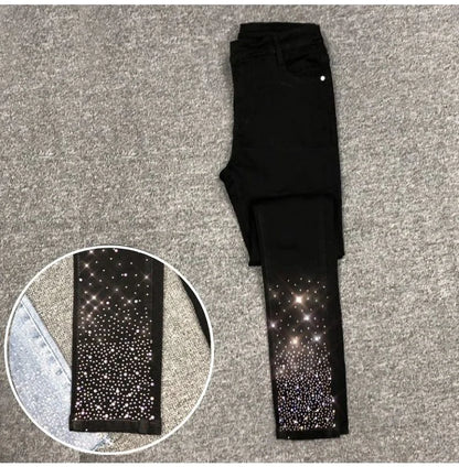 Spring Summer 2024 New Fashion Harem Denim Pants Female Rhinestones Korean Version High Waist Slim Elastic Jeans Pencil Pants