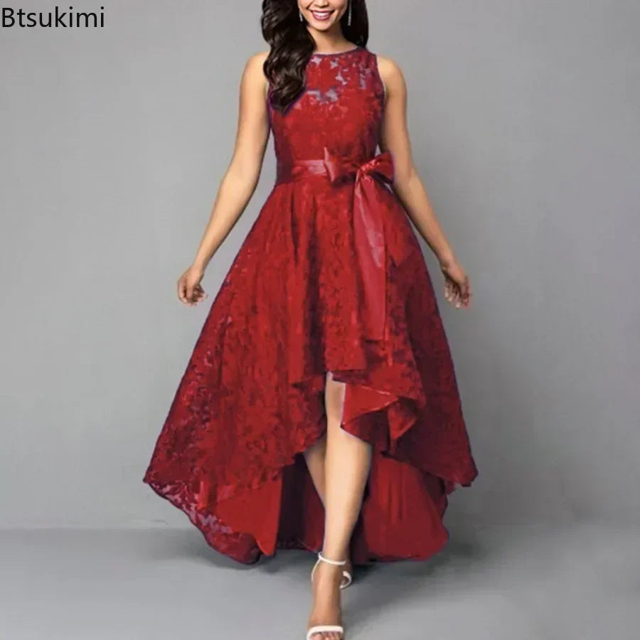 Vestido de dama de honor de boda para mujer 2025, elegante vestido de noche de encaje para fiesta, talla grande, ajustado, de cintura alta, con lazo, maxi vestidos para mujer