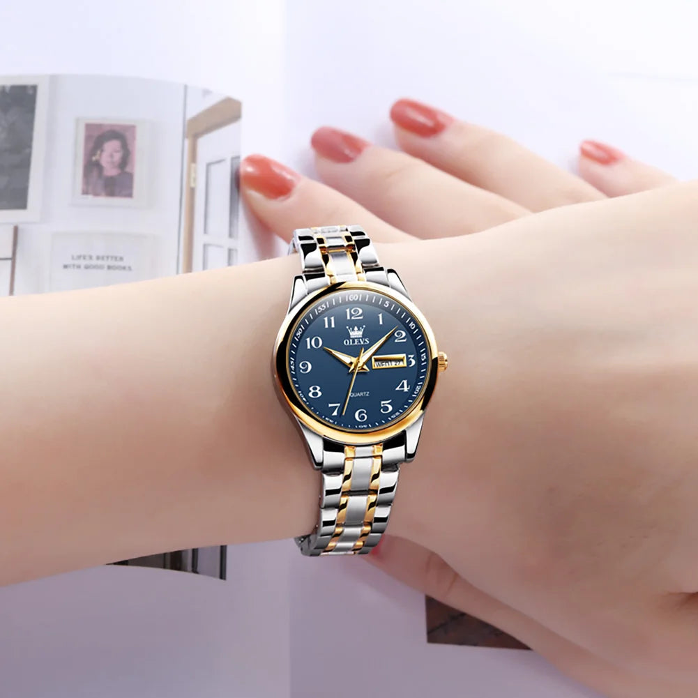 Relogio feminino de luxo bicolor aço inoxidavel e calendario duplo