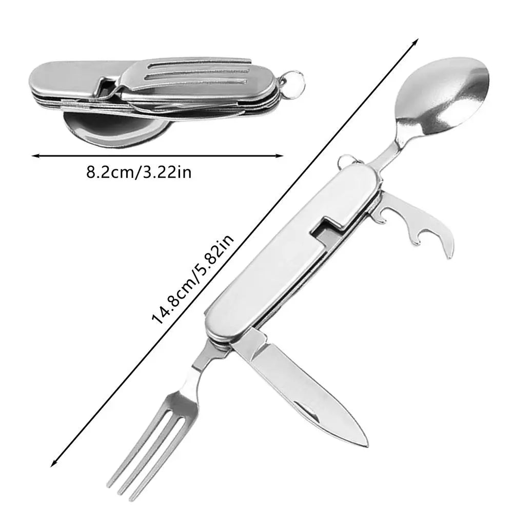Outdoor Tableware Set Spoon Fork Knife Bottle Opener Stainless Steel 4 in 1 Foldable Camping Cutlery Set Picnic Utensil Set