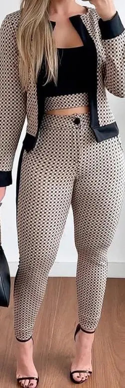 Two Piece Set Women Outfit Spring Fashion Plaid Print Contrast Paneled Open Front Long Sleeve Coat & Elegant Skinny Pants Set