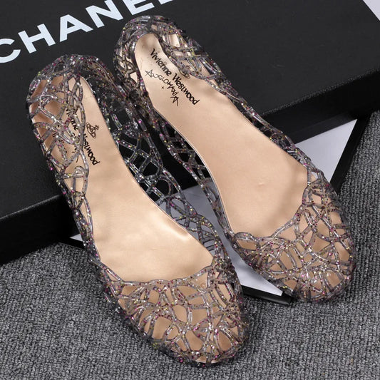 Women's Flat Bottom Plastic Jelly Sandals Hollow out Slip-On Beach Shoes Comfortable Lightweight Summer Footwear