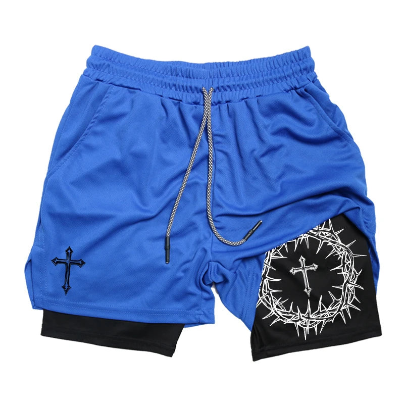 Cross Print 2 in 1 Workout Running Shorts for Men Christian Gym Performance Shorts with Phone Pocket Towel Loop Athletic Outfits