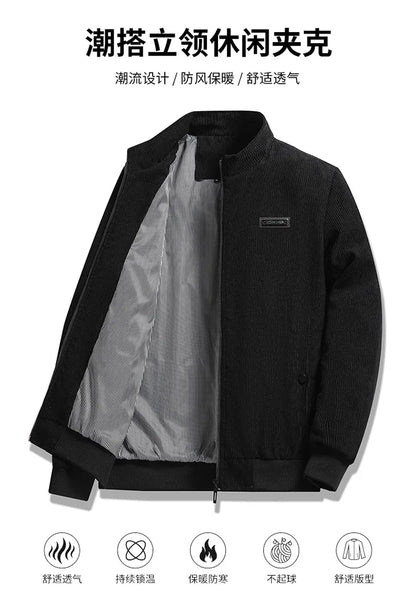 2024 Men's Casual Warm Jacket Spring Autumn Solid Color Stand Bomber Coat Men Corduroy Outwear Fashion Zipper Slim Jacket Men