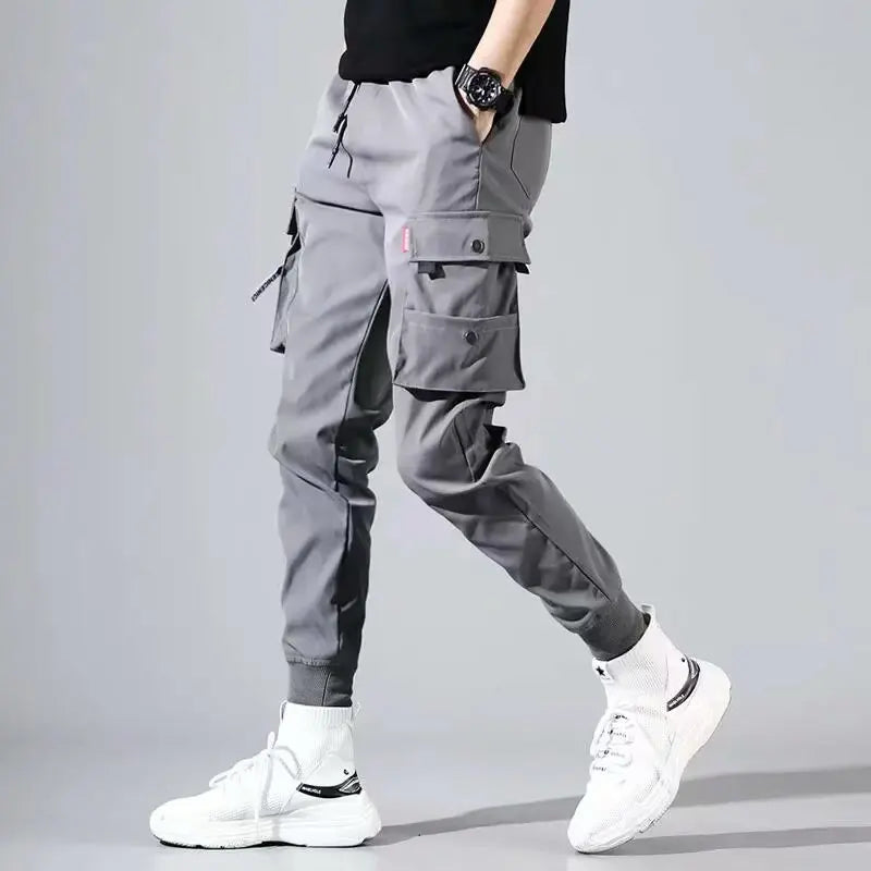 Classic Streetwear Casual Men Ribbons Harem Jogging Pants Male Slim Fit Spring Cargo Pants Multi-Pockets Women Trousers k32
