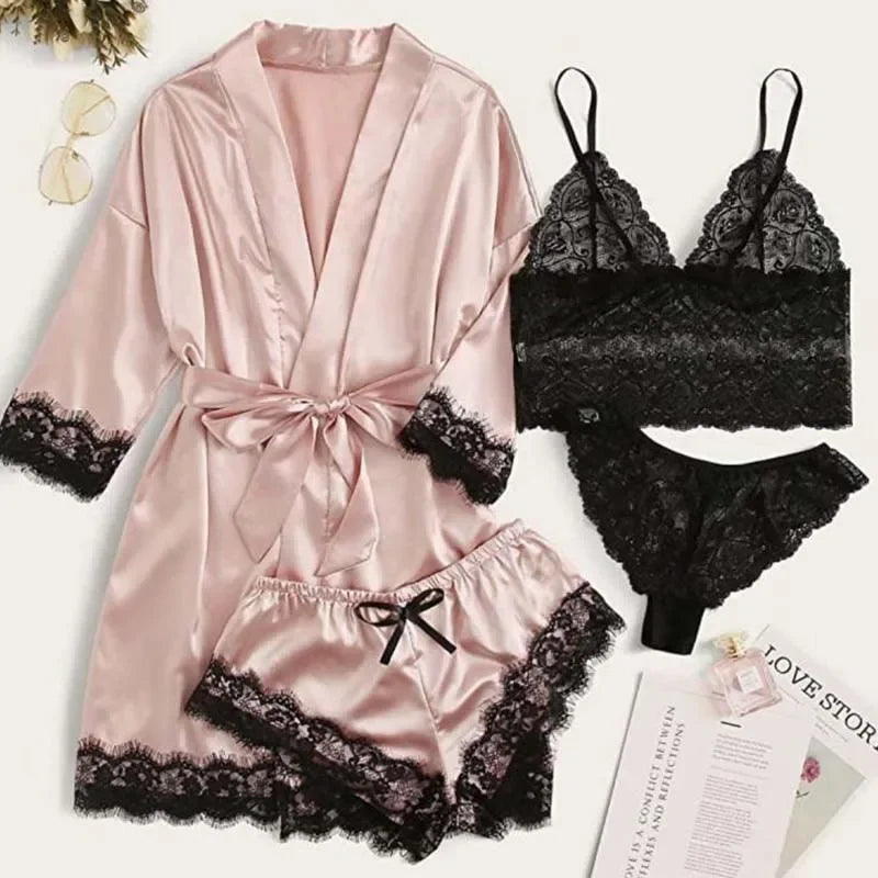 Pijama de 4 piezas para mujer, con bata, lencería sexy de encaje, bata de baño de seda satinada, ropa de dormir para el hogar.
