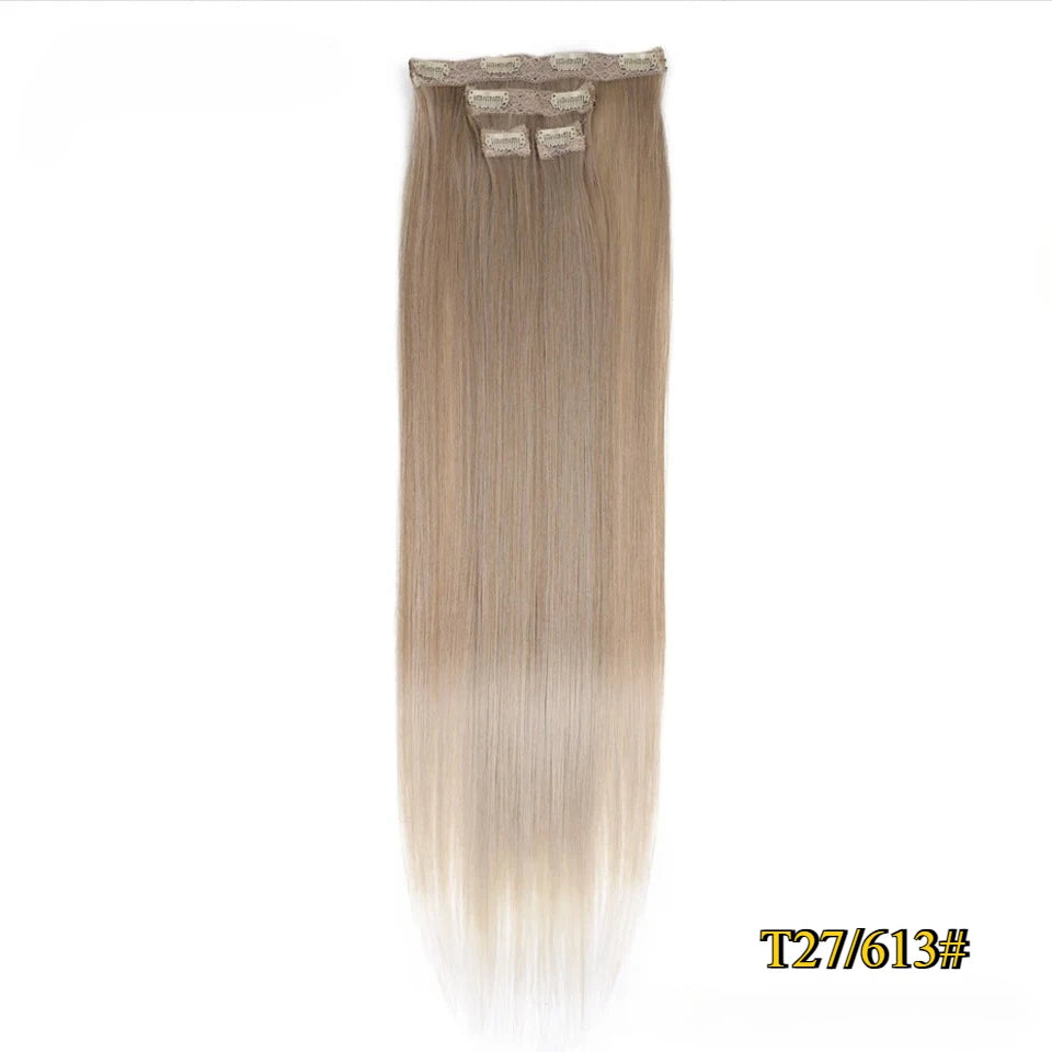 Kit 4 peças extensões de cabelo liso 60cm clip in aplique sintético ombre castanho e louro