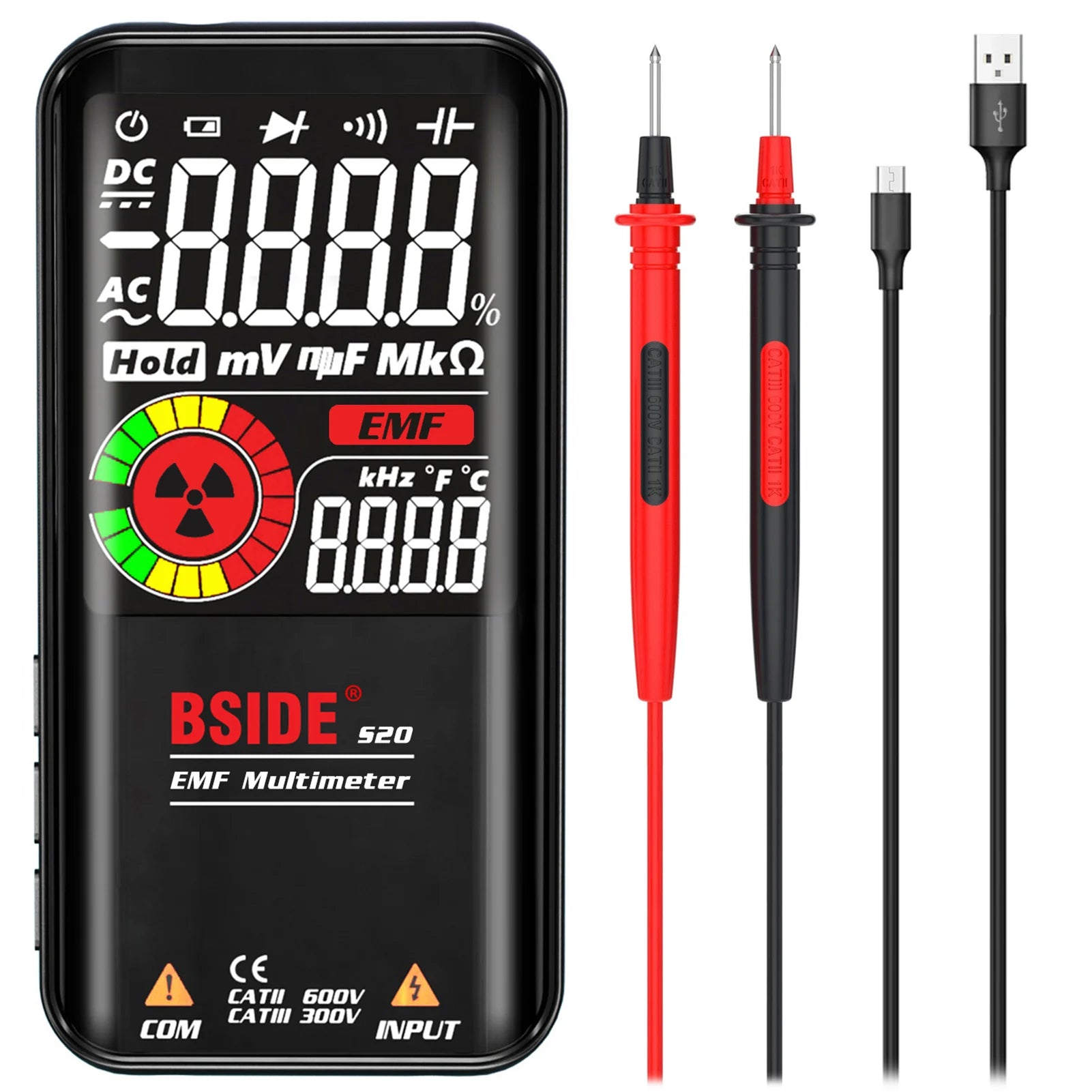 Multímetro EMF inteligente BSIDE S20/A10/A1, 9999 cuentas, recargable, monitor de radiación, voltímetro CA/CC, ohmímetro, prueba