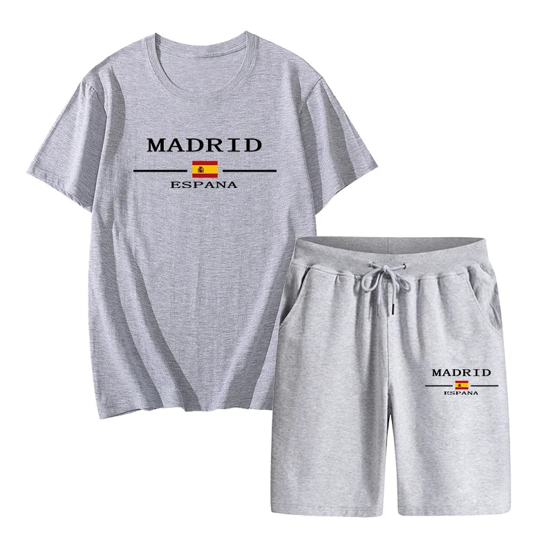 Madrid Spain Pattern T-shirts 2pcs Set High Quality Pure Cotton Tops and Quick Dry Shorts Mens Casual Sports Football Suits