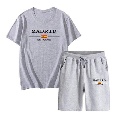 Madrid Spain Pattern T-shirts 2pcs Set High Quality Pure Cotton Tops and Quick Dry Shorts Mens Casual Sports Football Suits