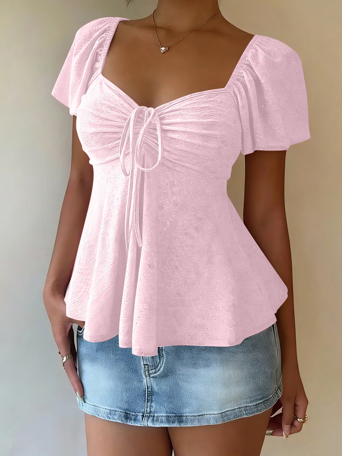 2026 Women Y2k Summer Tops V-Neck Drawstring Sexy Lace Up Short Sleeve Solid Color Shirts Female Elegant Casual Fashion Blouses